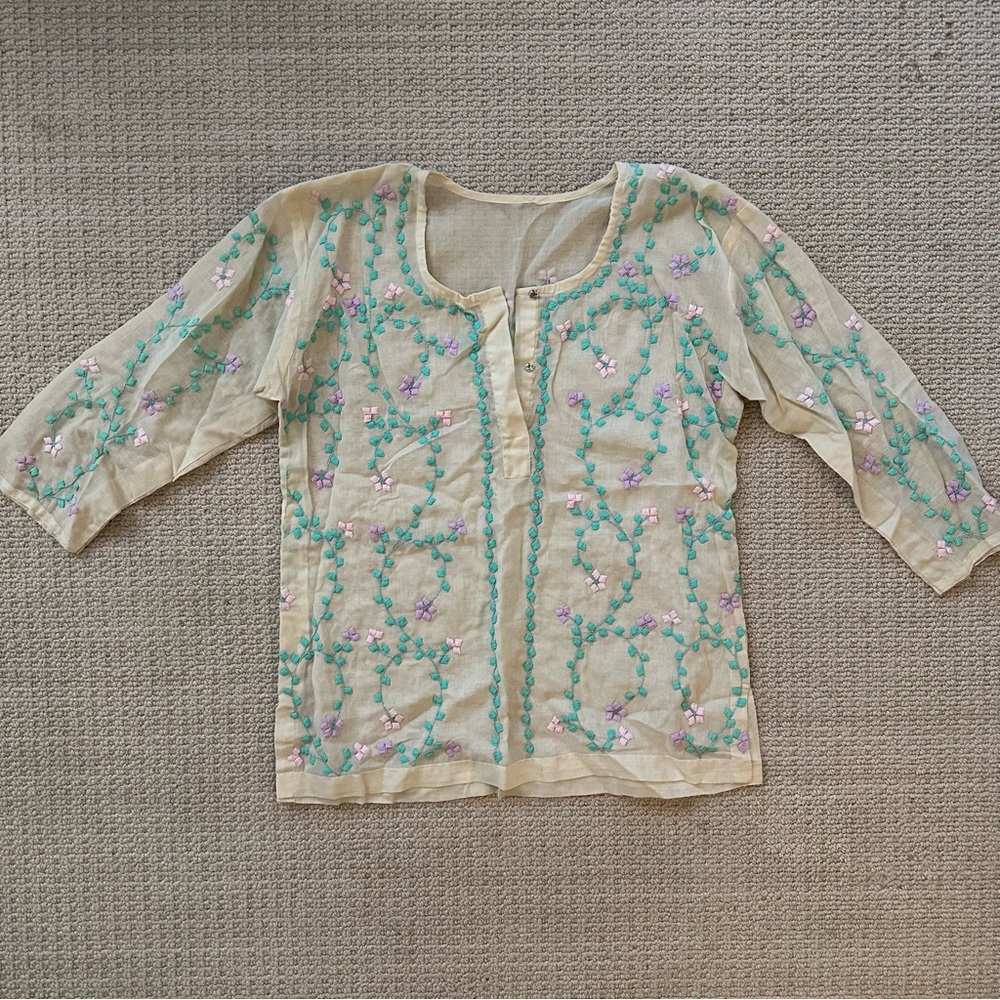 Vintage beach cover up shirt, see through cotton, detailed embroidery, S/M